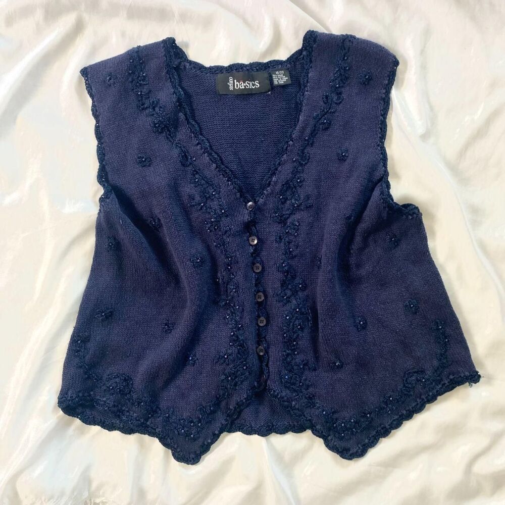 Vintage Plus Size Navy Blue Whimsical Pearl Beaded Knit Sweater Vest US 18 / 20